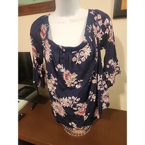Old Navy M Blue Floral Print Off The Shoulder Blouse Top Smocked Peasant